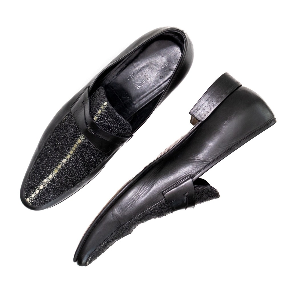 Rare Salvatore Ferragamo Stingray Leather Loafers Black Slip On Shoes Sz US 12 D